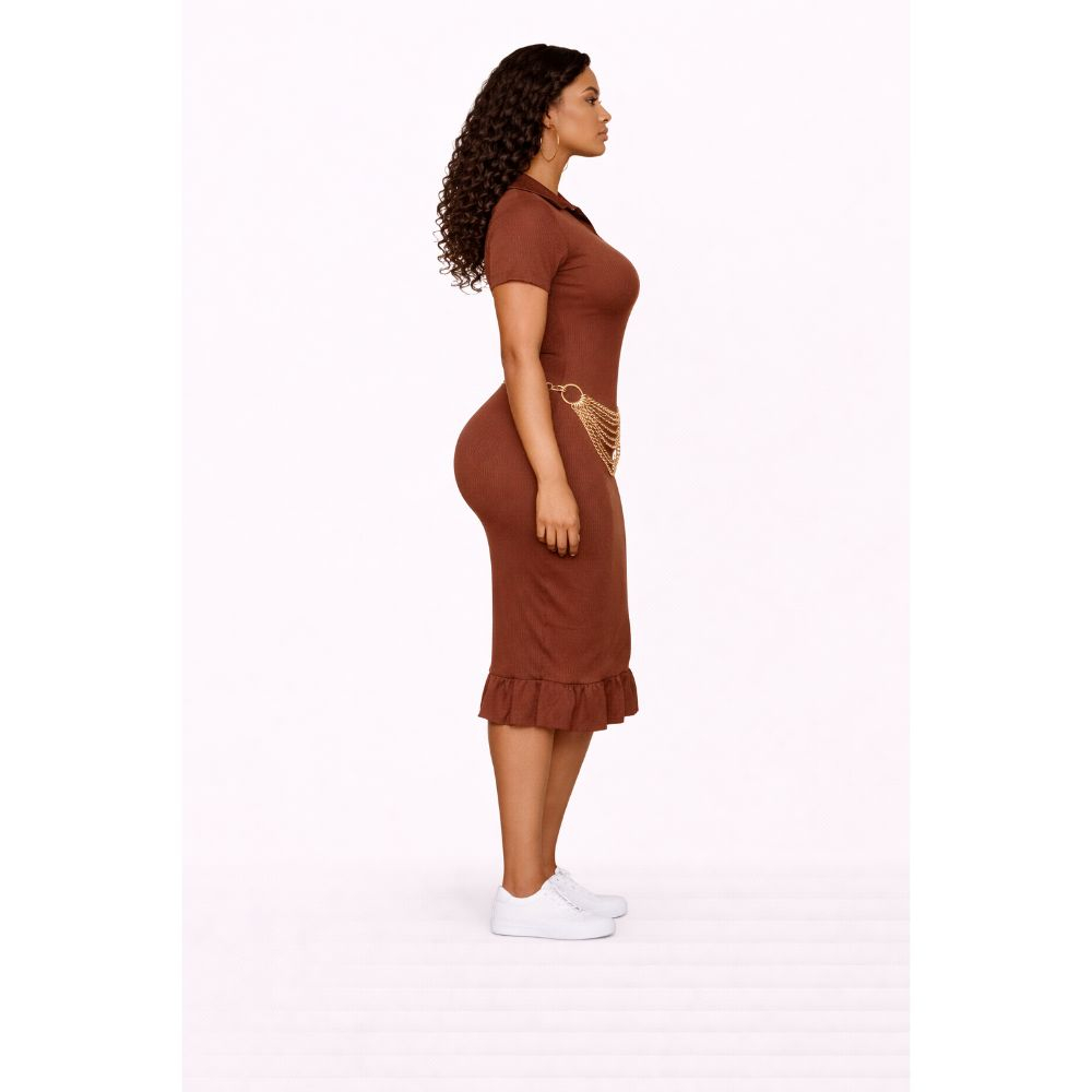 Brown Ribbed Bodycon Dress with Chain Detail & Ruffle Hem